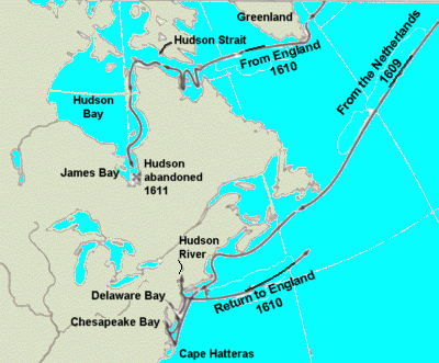 map of Henry Hudson's two voyages to North America