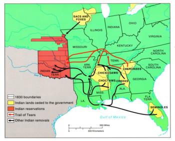 map of original locations of the Five Civilized Tribes and their routes to Indian Territory