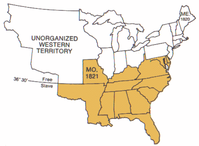 map showing the proposed line between free and slave states