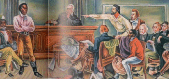 Mendes pointing out the leader of the Amistad mutiny for the court