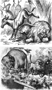 first appearances of the Democratic Donkey and Republican Elephant