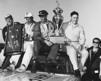 Junior Johnson, car owner Ray Fox, and their team celebrate their Daytona 500 victory