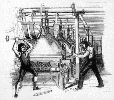 two Luddites smashing a weaving frame