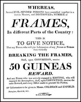 poster offering a 50-guinea reward for information against Luddites