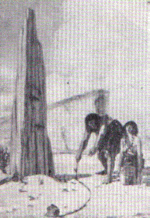 an early man drawing a curve to mark the traveling shadow of a rock spire