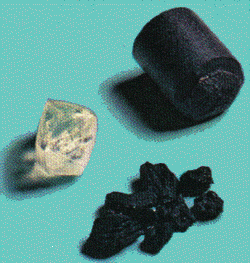 carbon in all three of its natural forms (clockwise from bottom: graphite, diamond, charcoal)