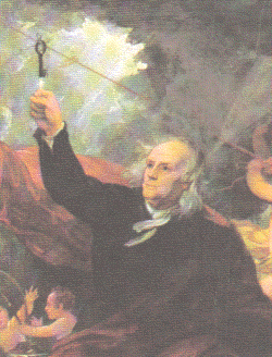 painting of Benjamin Franklin conducting his lightning experiment