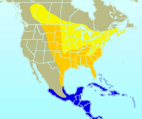 range of the rose-breasted grosbeak (winter in blue, breeding in orange and yellow)