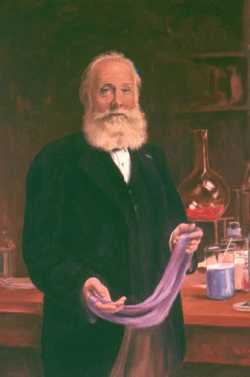 William Perkin holding a swath of cloth colored with his mauve dye