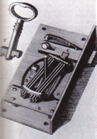 plate from Bramah's book showing one of his lock designs