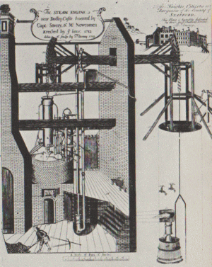 drawing of a Savery and Newcommen engine erected near Dudley Castle in 1712